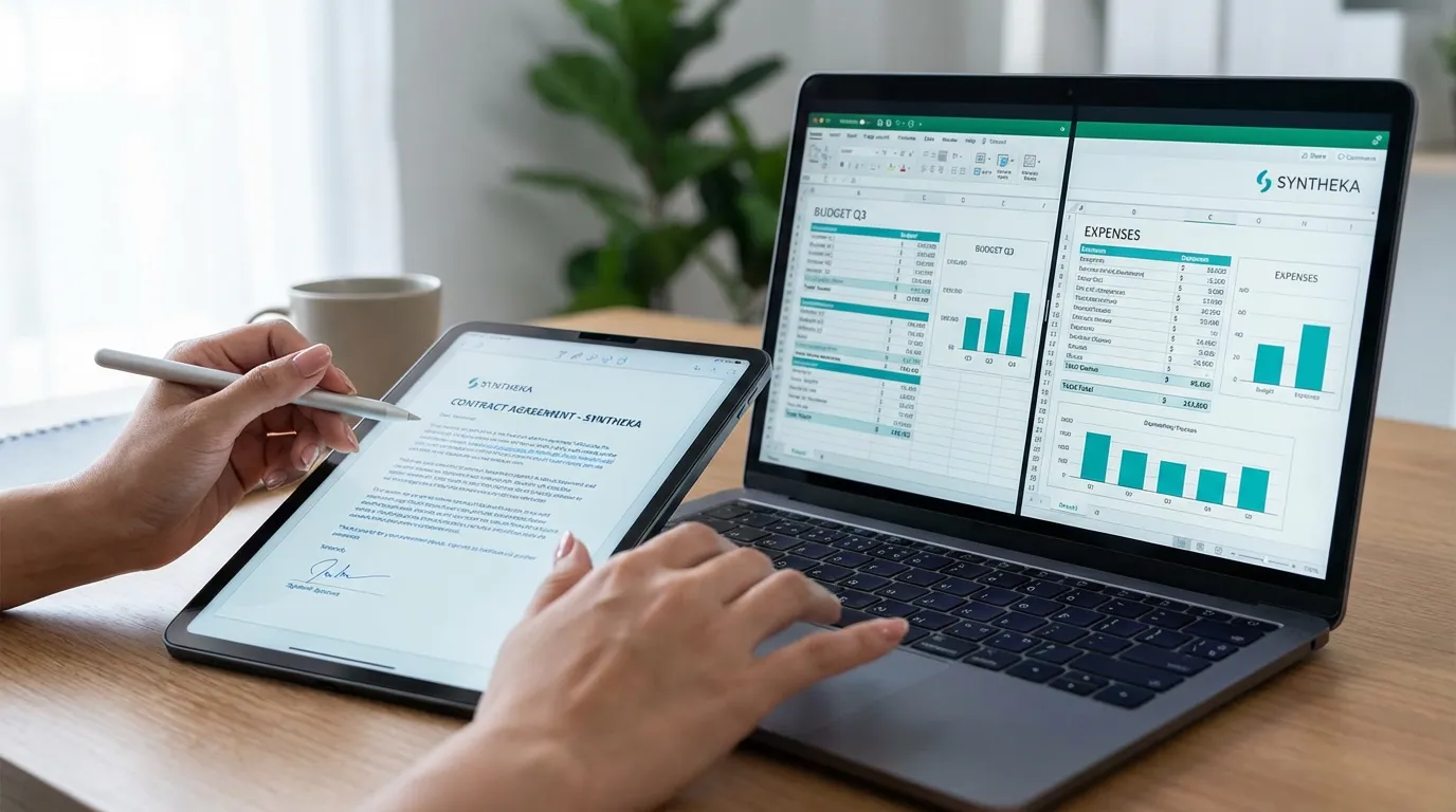 Laptop and tablet showing the Syntheka contract and financial budget interface side by side