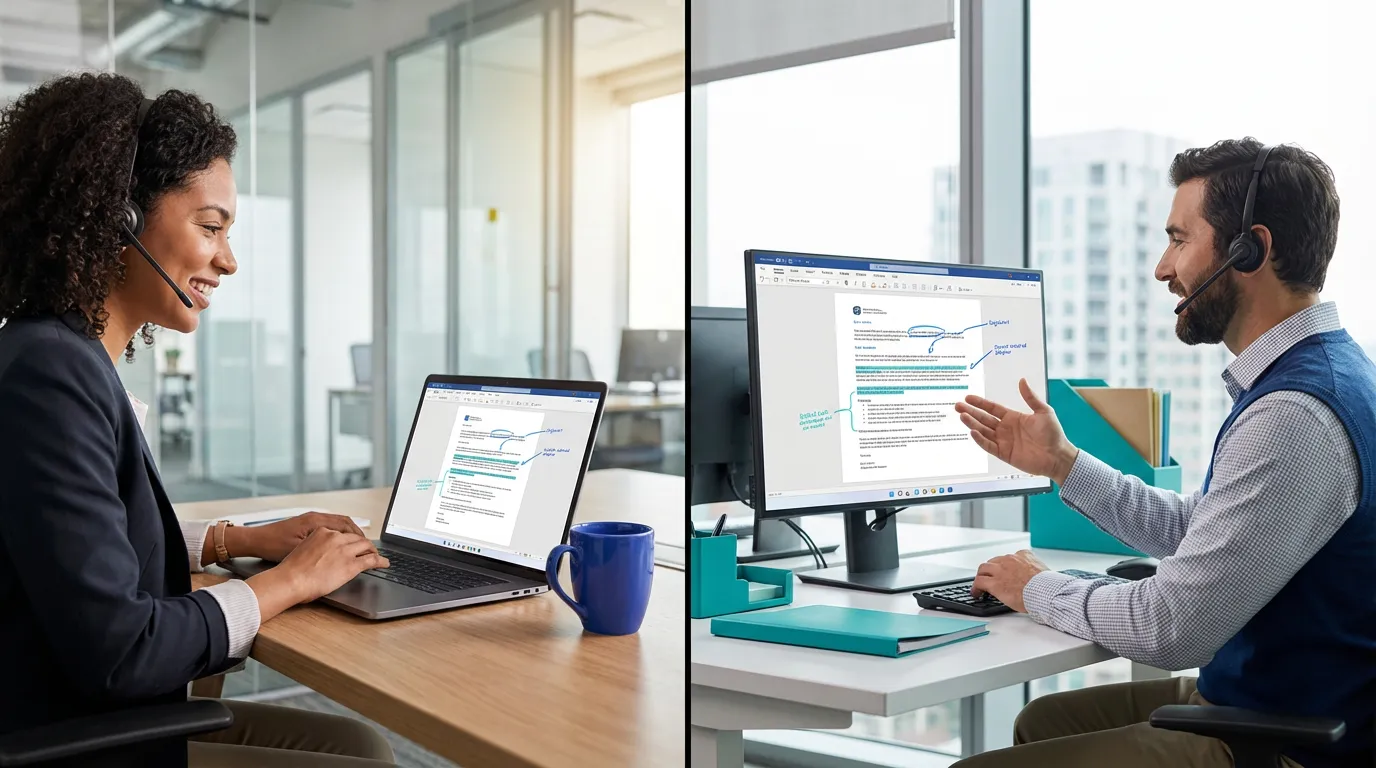 Split-screen view of two parties negotiating a clinical trial contract remotely via Syntheka