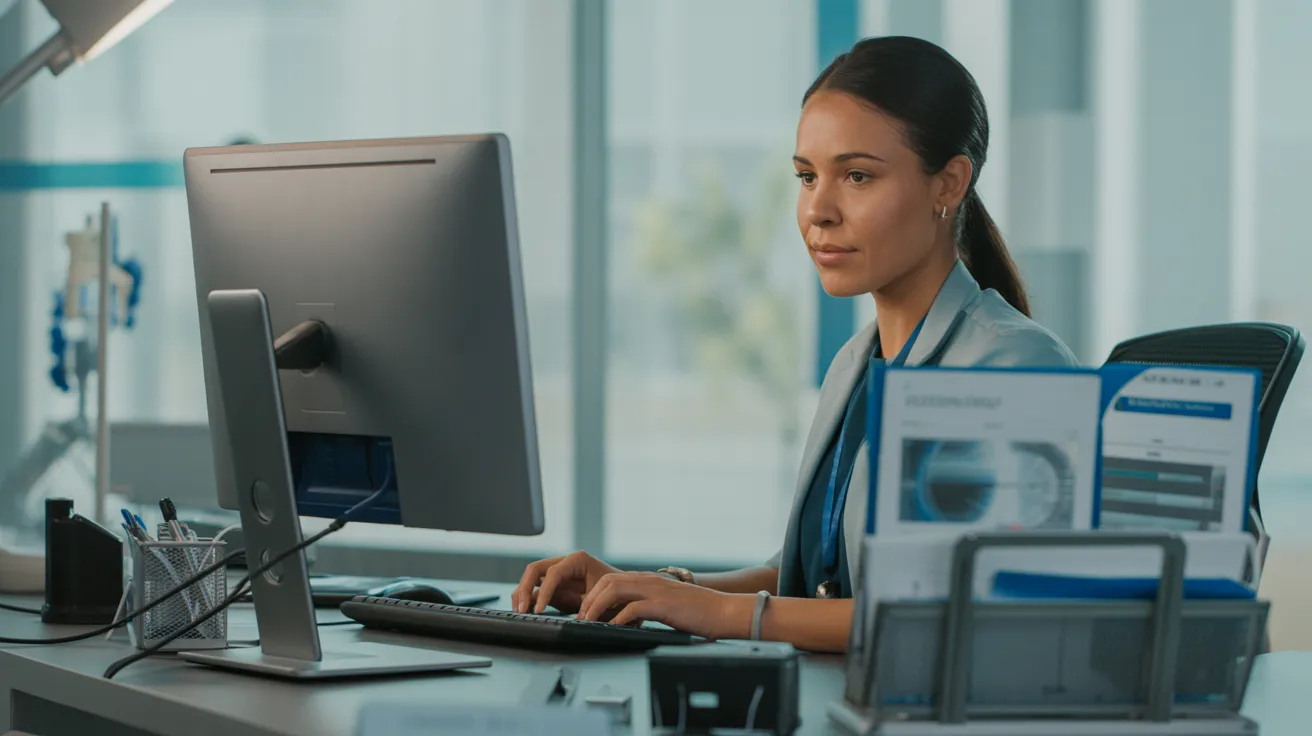 Woman working at a clinical research desk reviewing trial documents